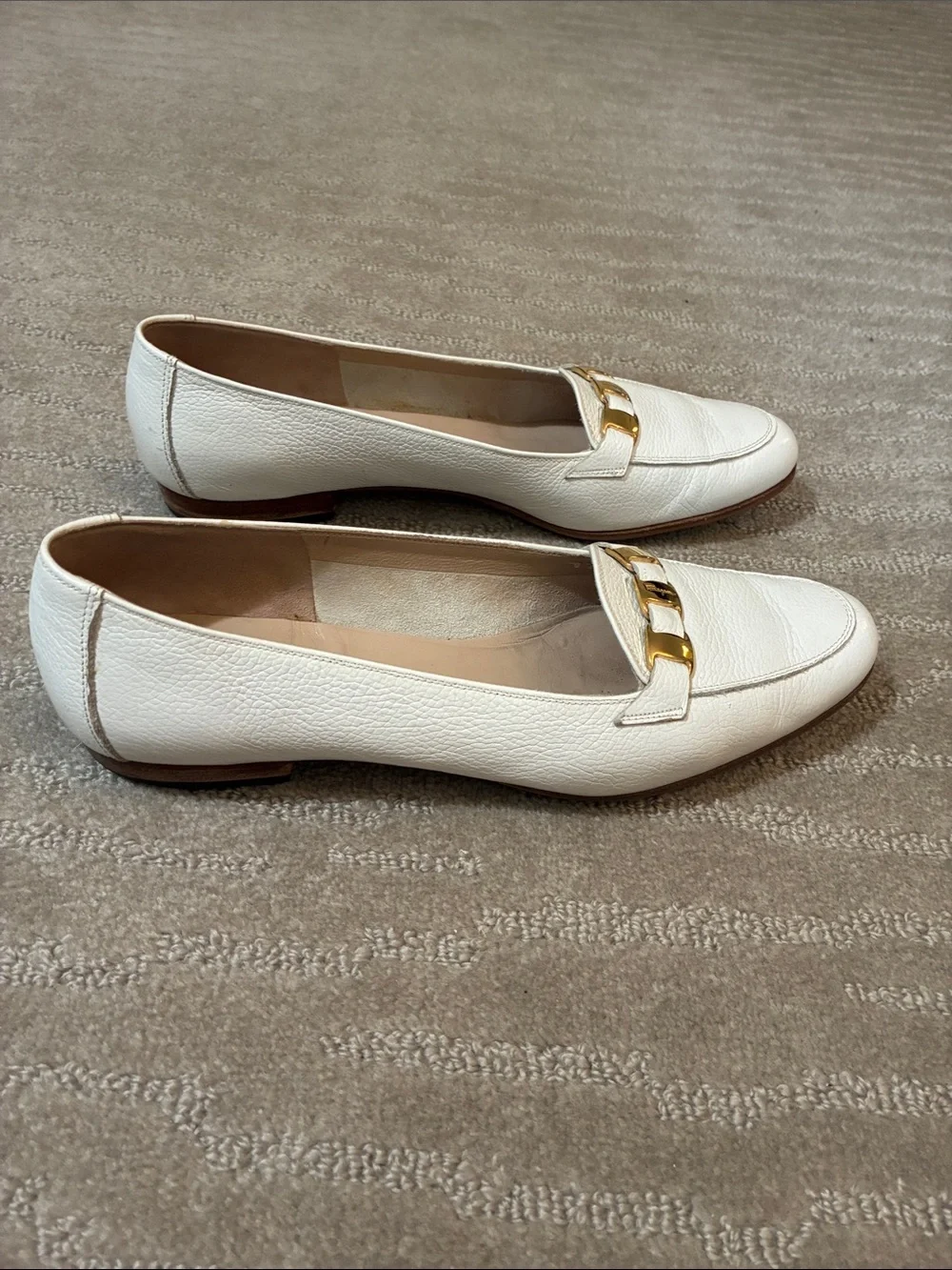 Salvatore Ferragamo White Leather Loafers with Gold Hardware